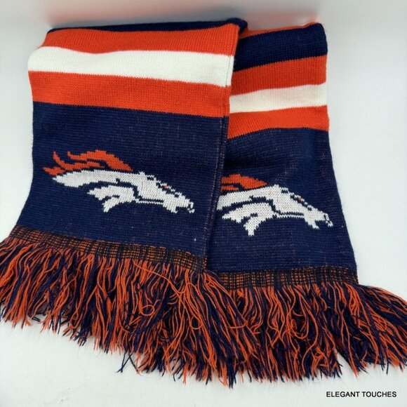 Denver Broncos NFL Football Neck Scarf Orange Blue Fringed Soft Knit - Picture 2 of 4